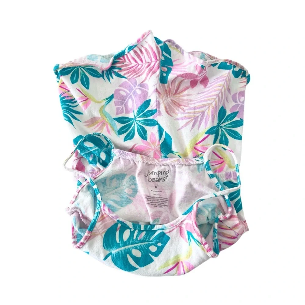 Jumping Beans Teal and Pink Leaf Print Romper | Girls Size 6T